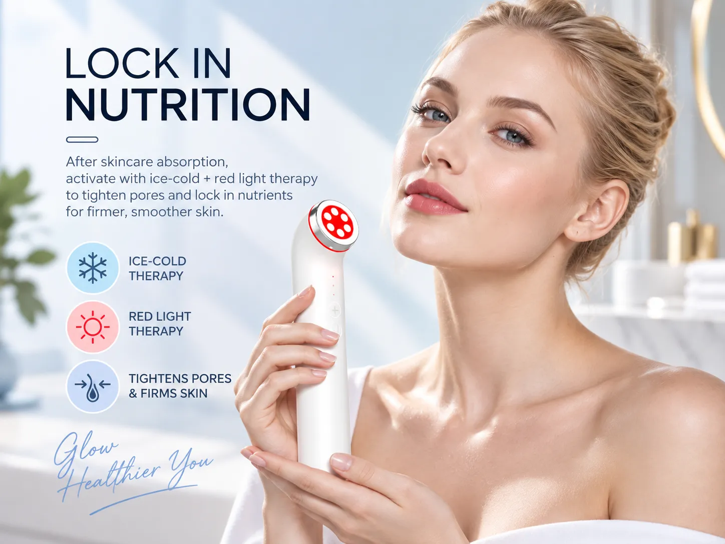 woman holding curved facial massager, ice-cold therapy plus red light therapy to lock skincare nutrition, tighten pores and firm skin