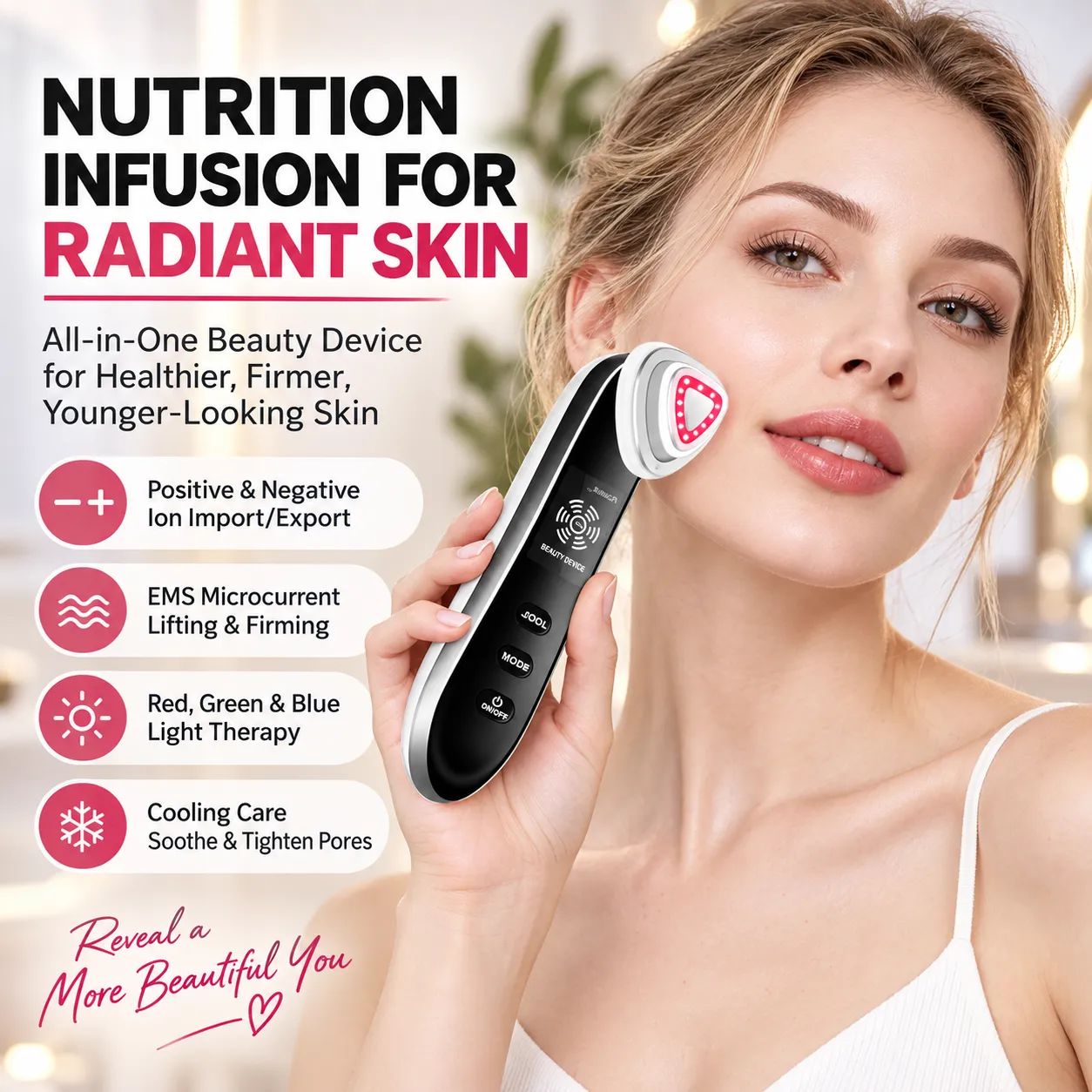 multifunction facial beauty device, ems microcurrent, ion import export, red green blue light therapy, cooling care for face skin lifting