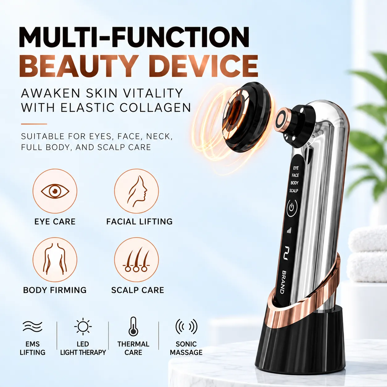 4-in-1 RF EMS beauty device features overview including 3-frequency RF, 660nm LED, EMS lifting, and smart thermal control