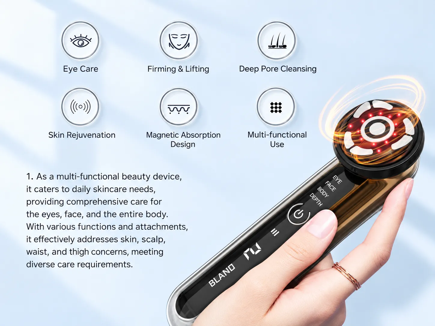 A hand holds the NW-01882 beauty device, with its red light active. Circular icons list features: Eye Care, Firming & Lifting, Deep Pore Cleansing, Skin Rejuvenation, Magnetic Absorption Design, and Multi-functional Use.