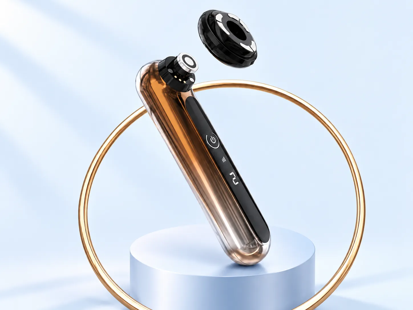 NW-01882 multi-functional beauty device with detachable magnetic treatment head and gold ring accent, floating design