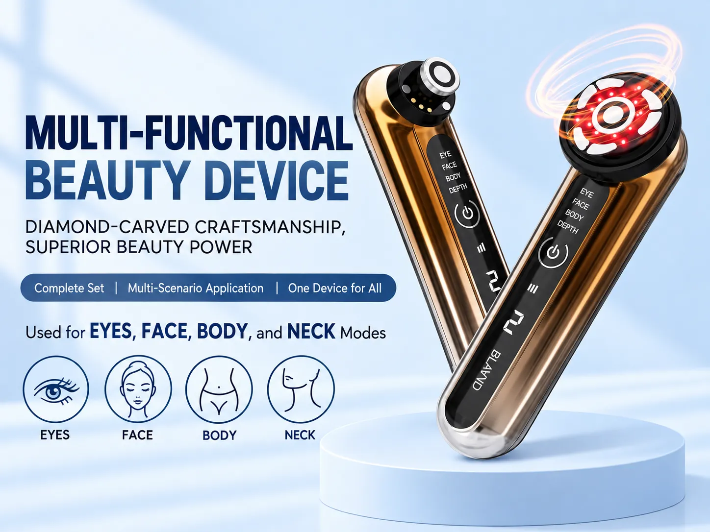 Two NW-01882 beauty devices, one with a precision head, the other with a larger thermal head emitting red light. Icons for eyes, face, body, and neck modes are visible.