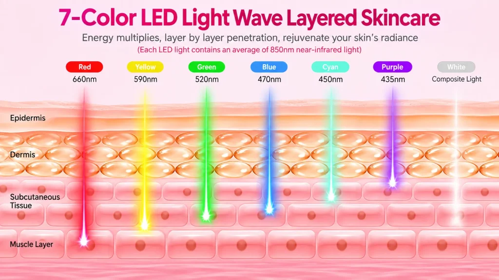 7 color LED light wave layered skincare diagram, red yellow green blue cyan purple white light with wavelength and skin penetration