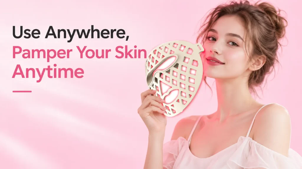 Woman holding glowing NW-01683 LED hollow beauty mask with near infrared light, portable design for anytime anywhere facial skincare