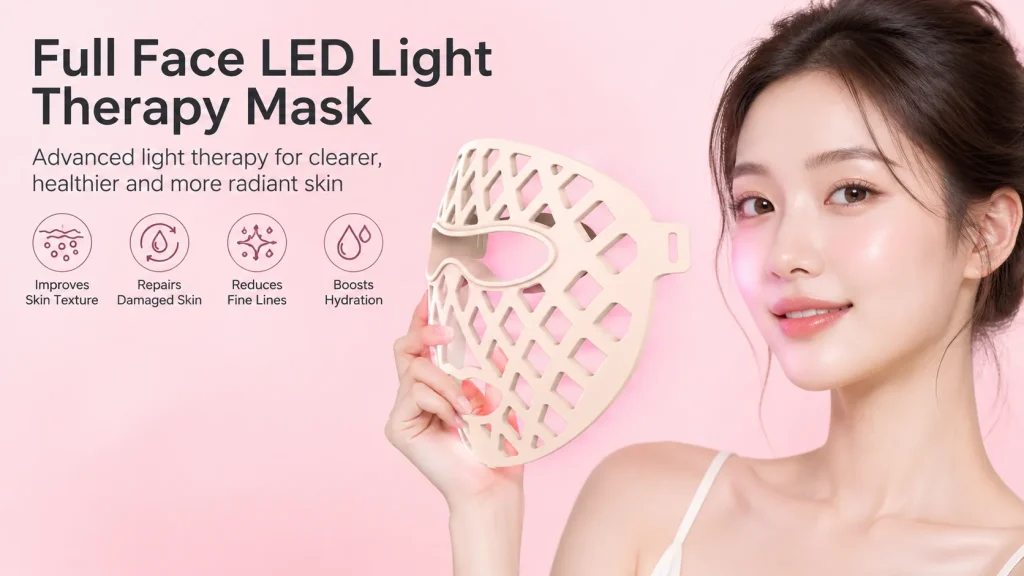 NW-01683 LED light therapy face mask on pink podium, hollow silicone facial photon mask for home facial rejuvenation