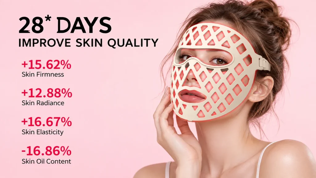 Model wearing NW-01683 LED hollow beauty mask with near infrared light, 28 days skin improvement data including firmness, radiance, elasticity and oil reduction