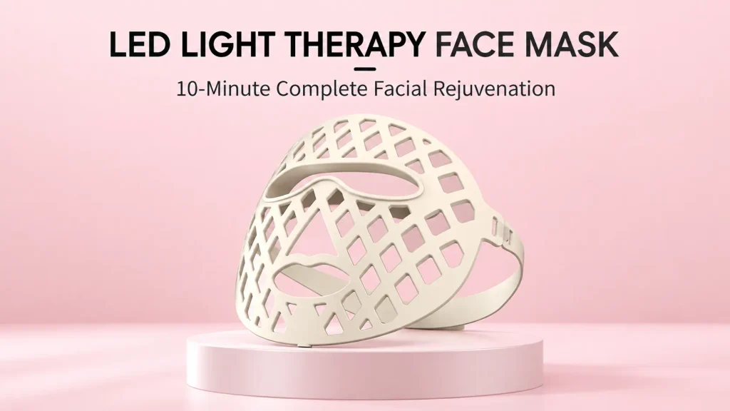 Model wearing NW-01683 LED hollow beauty mask with near infrared light, 28 days skin improvement data including firmness, radiance, elasticity and oil reduction