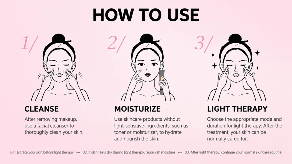 How to use NW-01683 LED light therapy mask with near infrared, 3-step guide: Cleanse, Moisturize, Light Therapy
