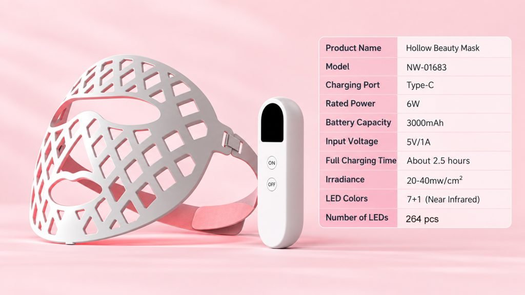 NW-01683 Hollow LED beauty mask specification table, 264 LEDs,7+1 colors with near infrared,3000mAh battery,Type-C charging,6W rated power