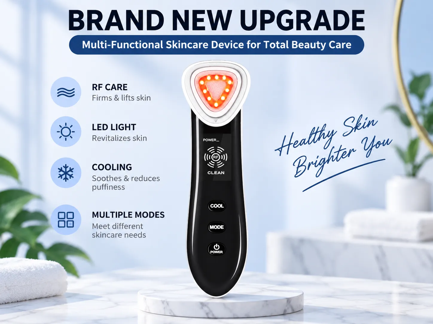 upgraded multifunctional rf facial beauty device, rf care, led light therapy, cooling function, multiple skincare modes