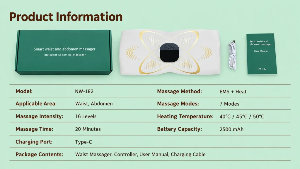 Three scenes of woman wearing NW-182 EMS waist massager: working at desk, relaxing at home, doing fitness workout