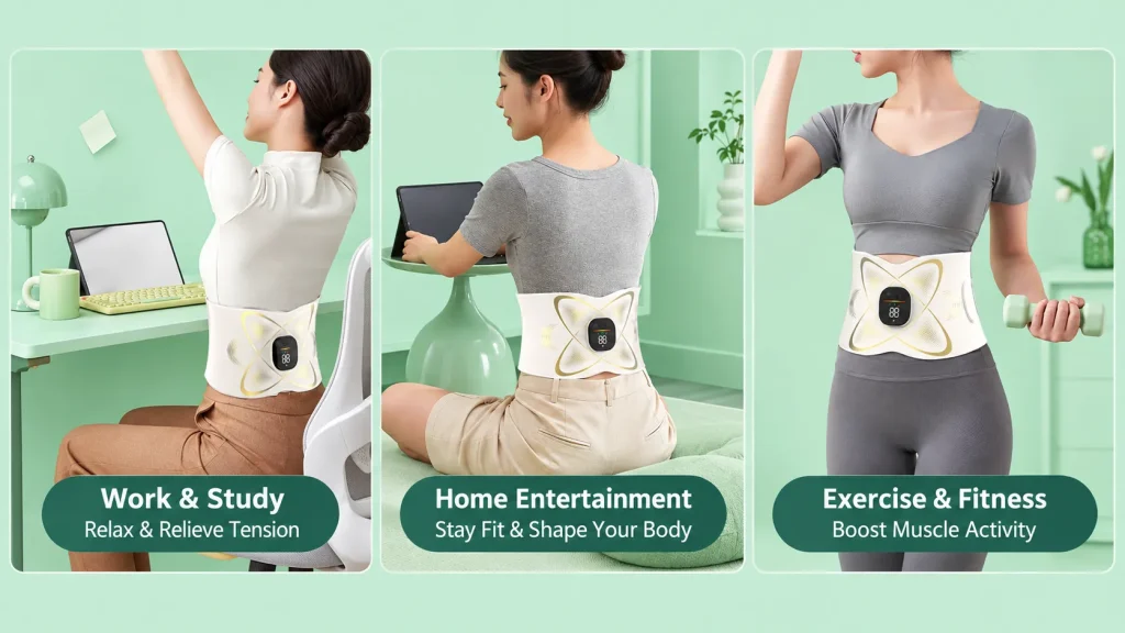 Three scenes of woman wearing NW-182 EMS waist massager: working at desk, relaxing at home, doing fitness workout