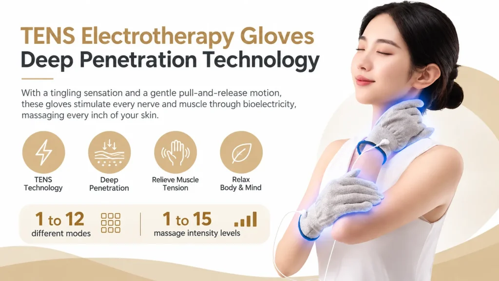 NUOMEIWEI NW-183 TENS electrotherapy conductive massage gloves, 12 modes 15 intensity levels for deep muscle relaxation