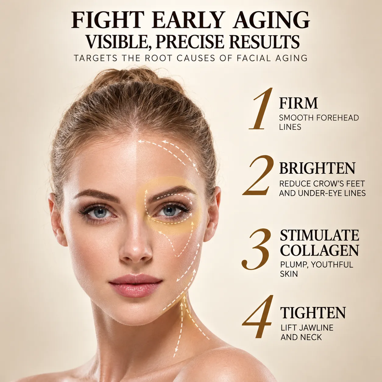 Infographic showing the 4 key anti-aging benefits of the PLUS Flagship beauty device including firming, brightening, collagen stimulating, and tightening.