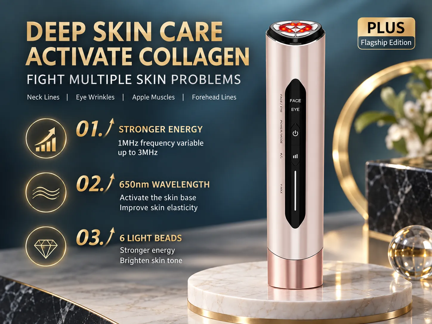 Deep skin care overview showing 1-3MHz variable frequency, 650nm wavelength, and 6 light beads on the PLUS Flagship edition.overview