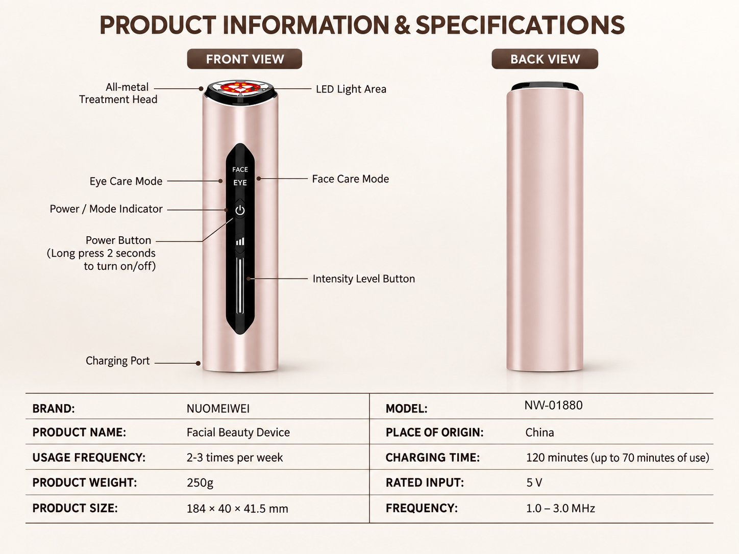 Product information and technical specifications diagram showing front view, back view, and specs table for model NW-01880.