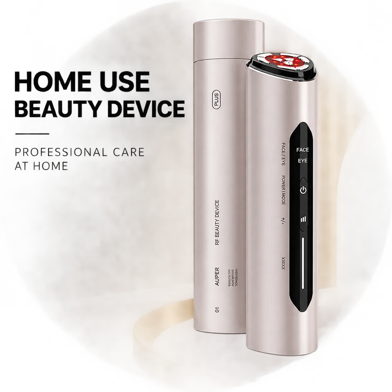 PLUS Flagship RF beauty device and base stand set with professional minimalist styling.