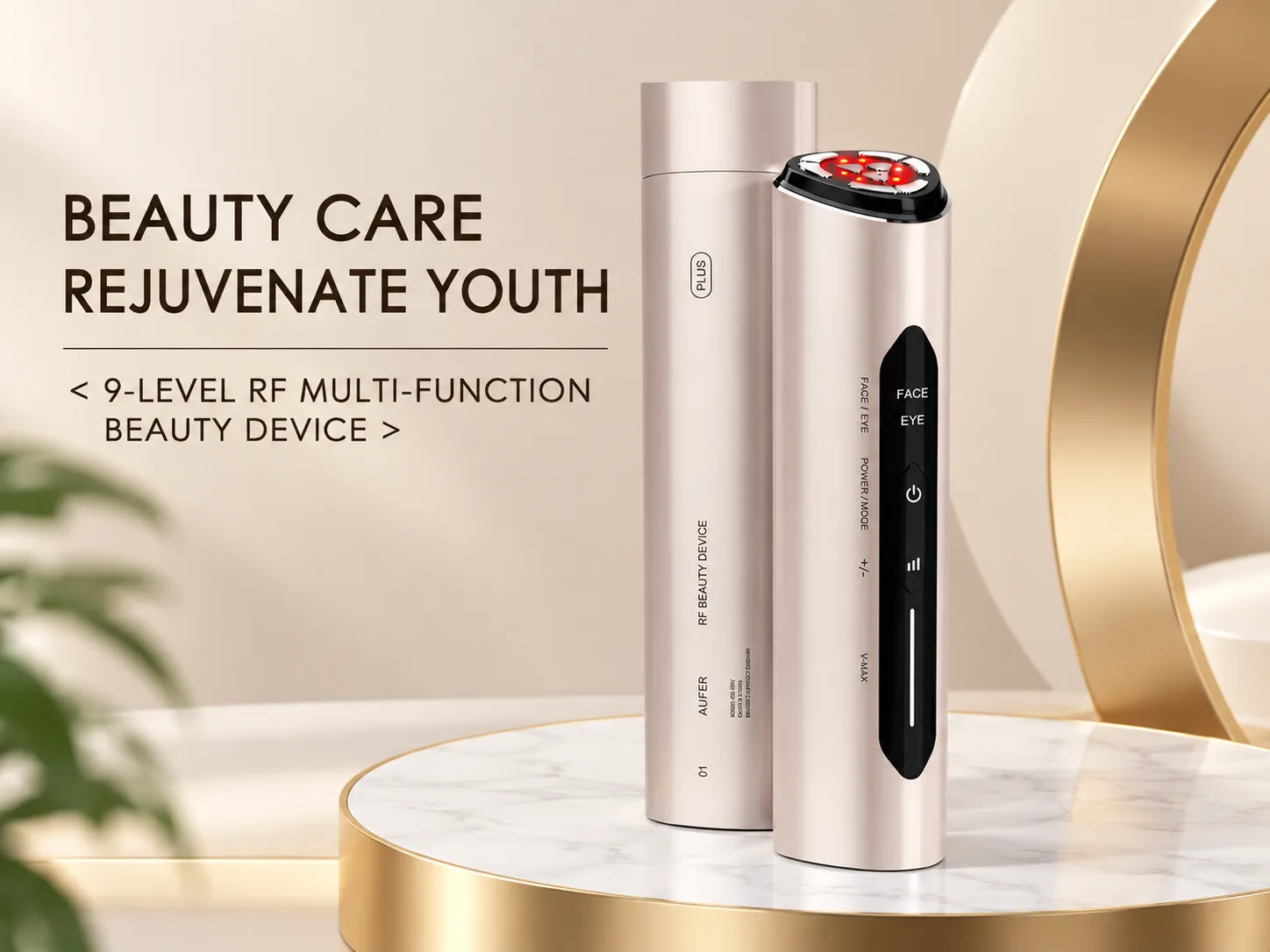 Product showcase of the 9-level RF multi-function beauty device in a luxury setup.