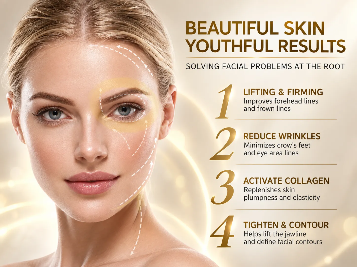 Infographic showing 4 key youthful skin results: lifting, wrinkle reduction, collagen activation, and contouring.