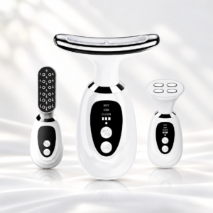 Portable multi-function EMS smart neck beauty device with dolphin-inspired design, 3 interchangeable massage heads, and charging base.