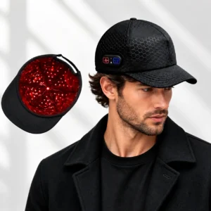 Breathable baseball-style red light and near-infrared therapy hair growth cap for hair loss prevention and scalp care.