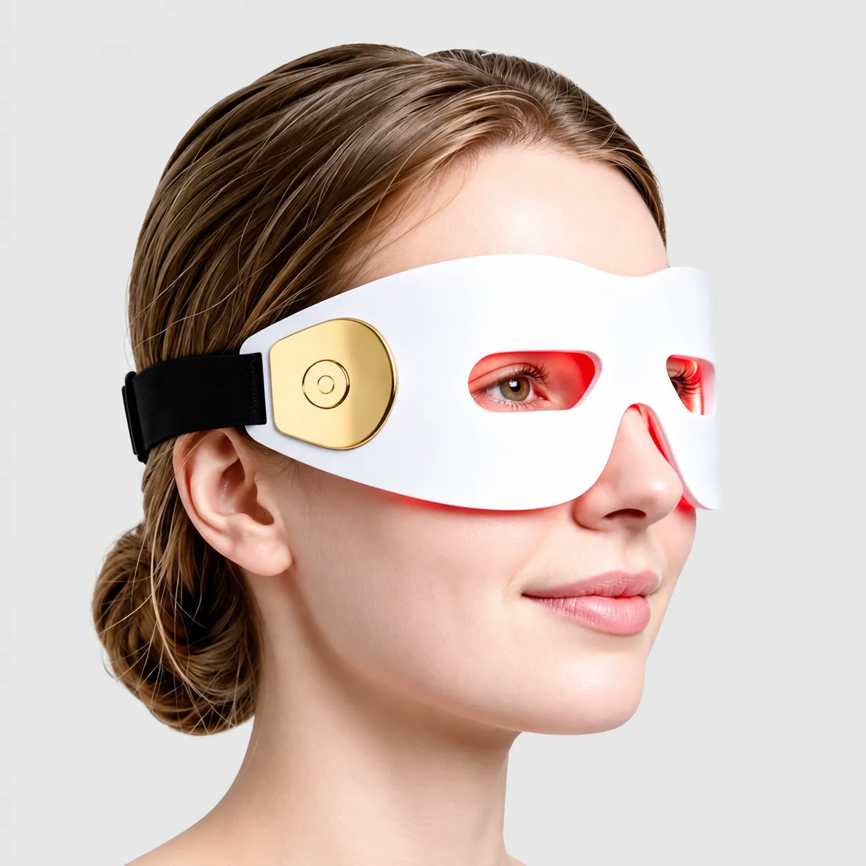 Red and near-infrared photon eye rejuvenation device with 80 LEDs and skin-friendly silicone design for dark circles and fine lines.