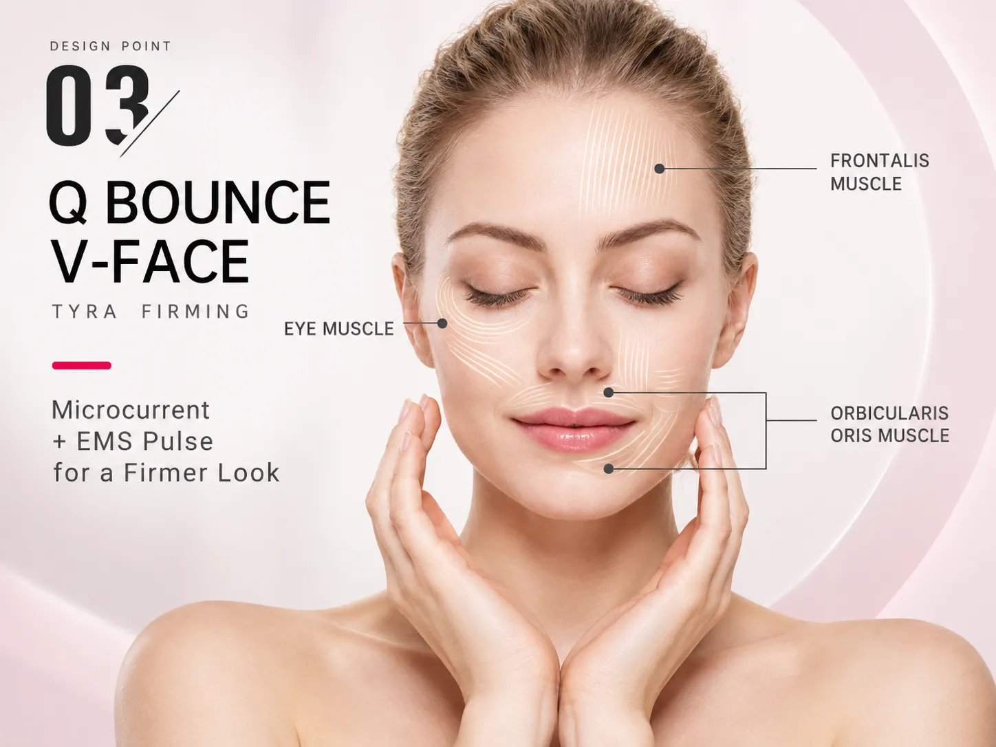 ems pulse microcurrent facial beauty device, stimulate frontalis eye orbicularis oris muscle, firm skin shape v line