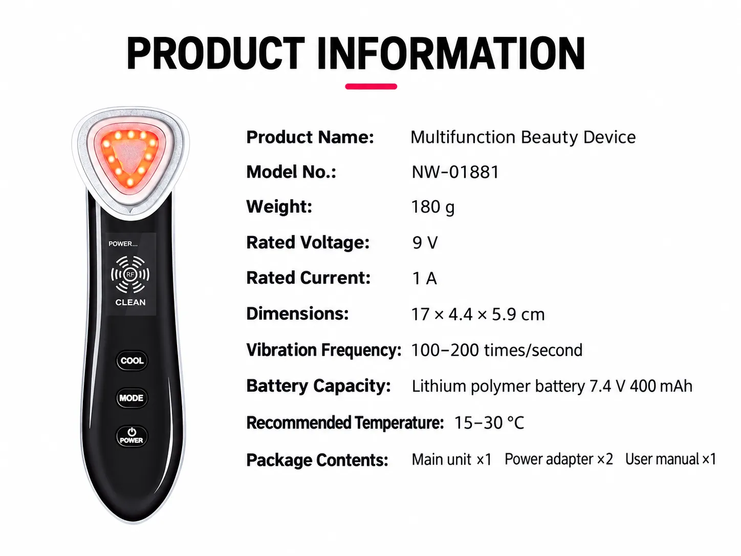 multifunctional facial beauty device nw-01881 product information, specs, weight, dimension, battery and package list