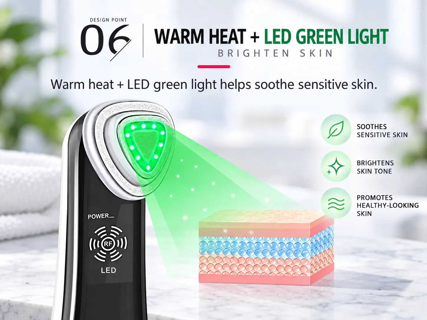 home rf beauty device warm heat with led green light therapy, soothe sensitive skin, brighten uneven skin tone