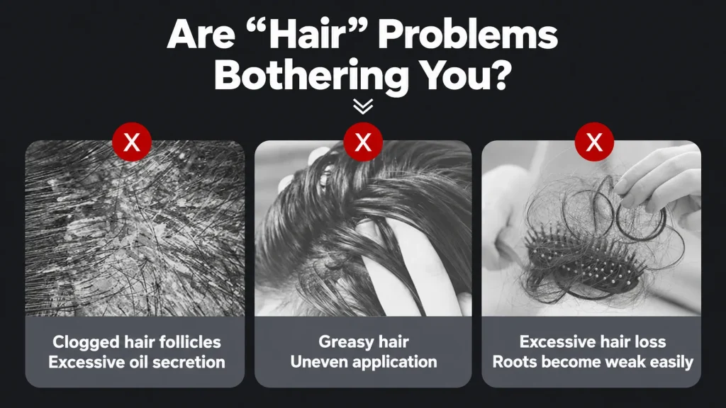 Common scalp and hair problems: clogged hair follicles, excessive oil, greasy hair and excessive hair loss