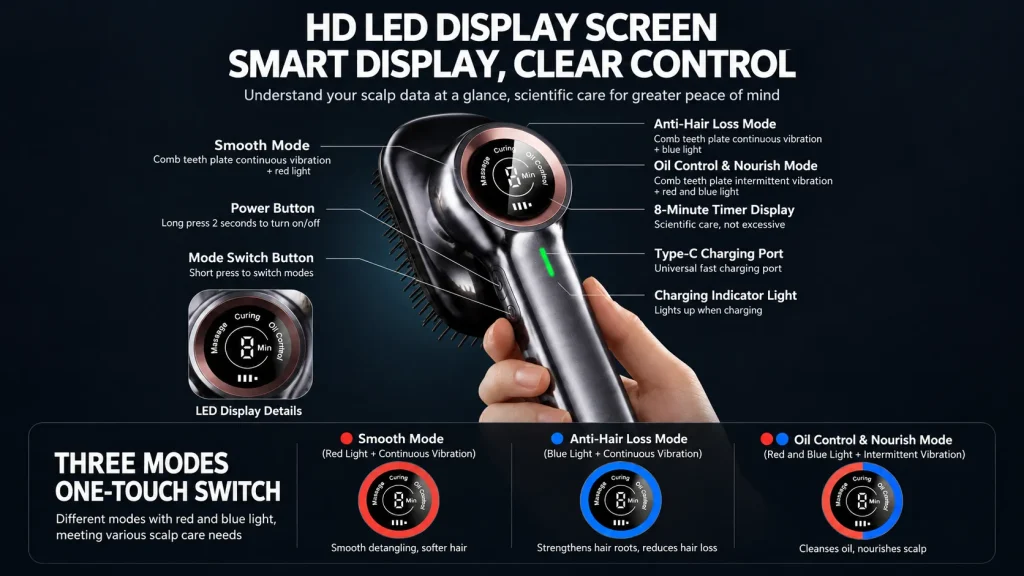 Electric scalp massage comb HD LED screen, 3 working modes: Smooth Mode, Anti-Hair Loss Mode, Oil Control & Nourish Mode with red blue light vibration