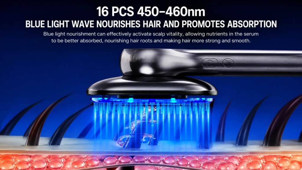 Scalp massage comb with 16 pcs 450-460nm blue light waves nourish hair, activate scalp vitality and boost serum nutrient absorption