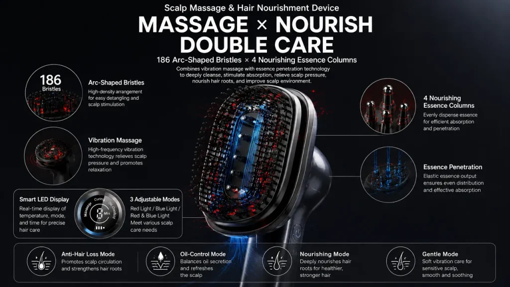 Scalp massage and hair nourishment device infographic showing 186 arc bristles, 4 essence columns, vibration massage and 3 adjustable modes