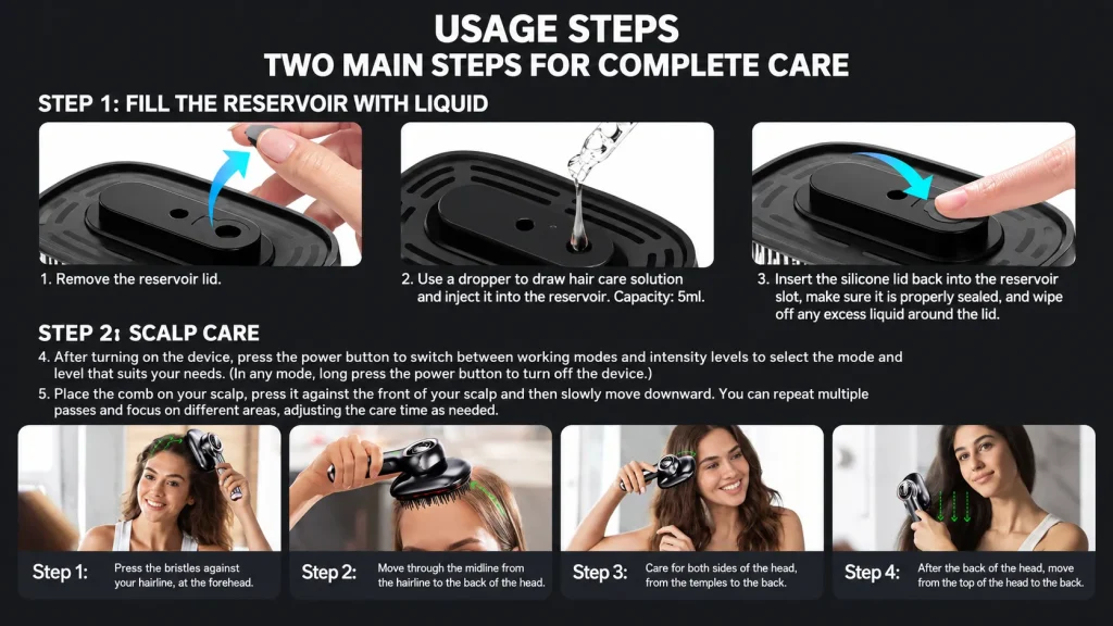 Step-by-step usage tutorial for electric scalp massage comb, fill hair serum reservoir and perform scalp massage on forehead, hairline and sides