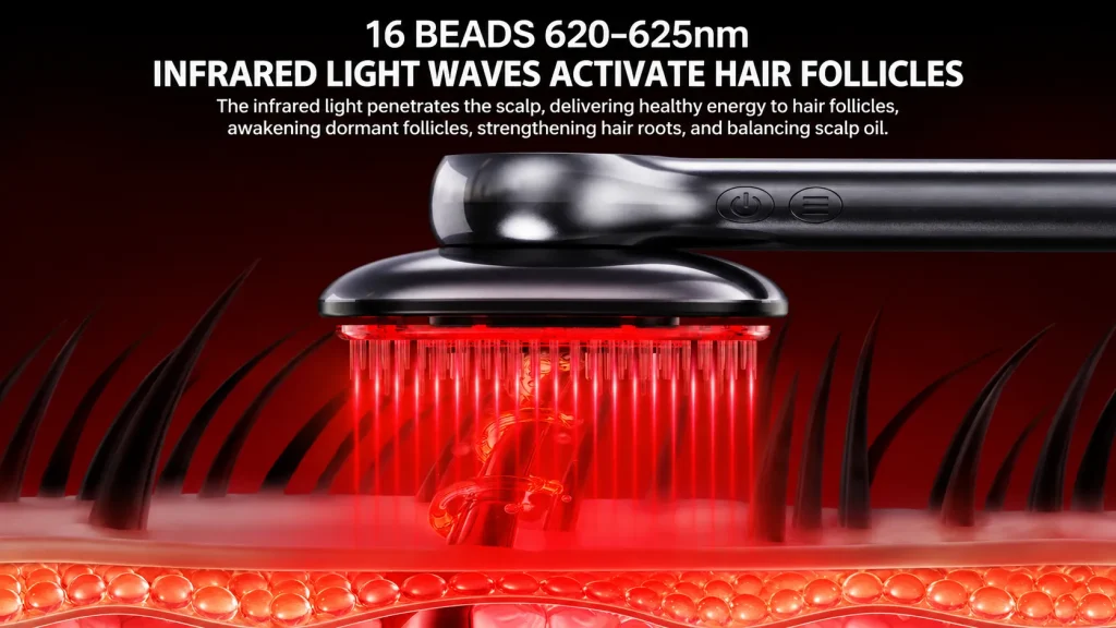 Electric scalp massage comb with 16 beads 620-625nm red infrared light penetrates scalp to activate dormant hair follicles and balance scalp oil
