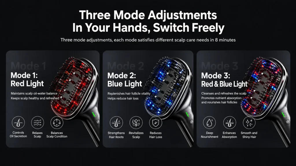 Electric scalp massage comb with 3 adjustable light modes, red light, blue light and red & blue combined light for 8 minutes scalp care