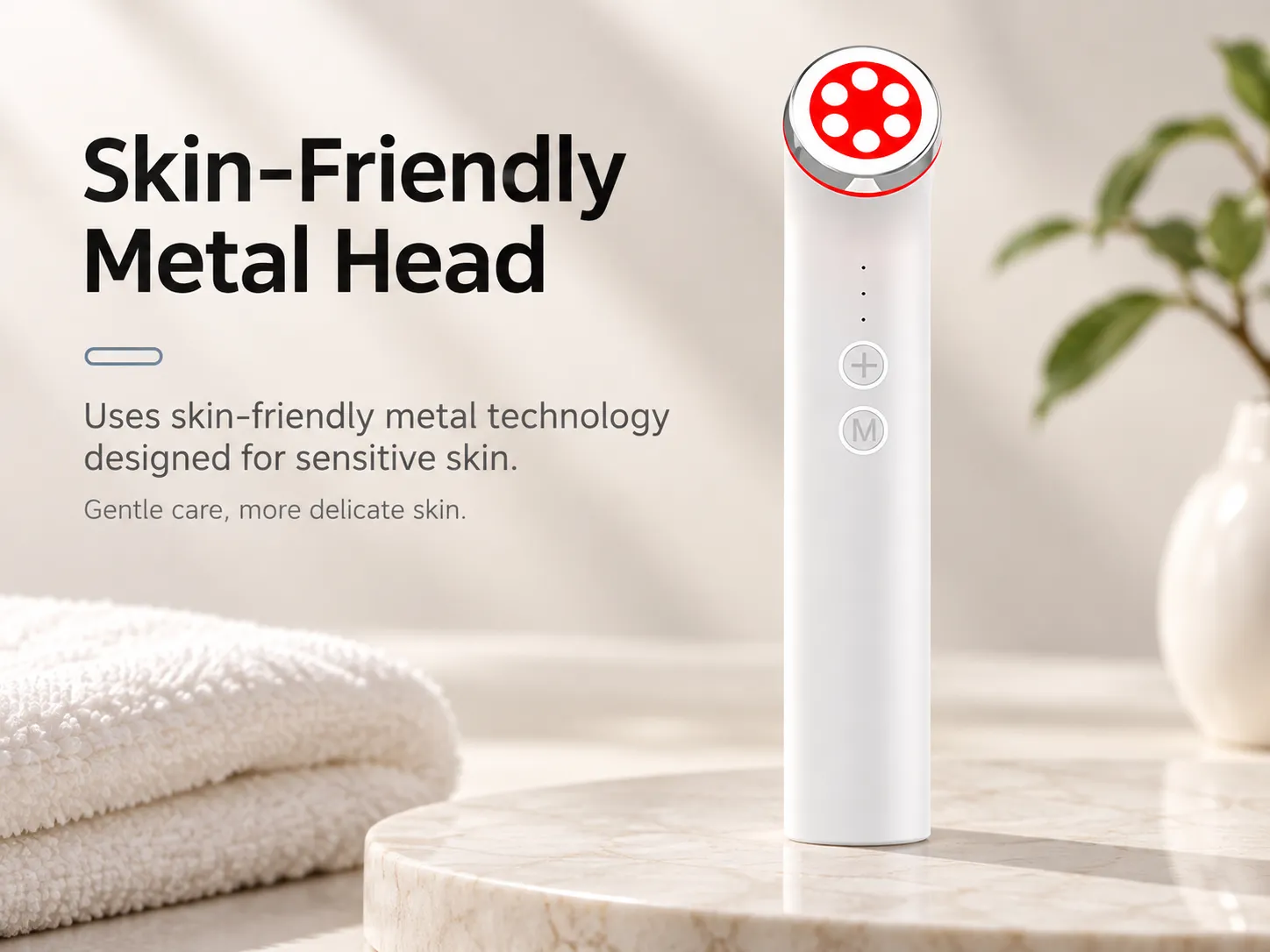 white home facial beauty massager with skin-friendly metal probe head, designed for sensitive skin, red LED lights on the massage tip