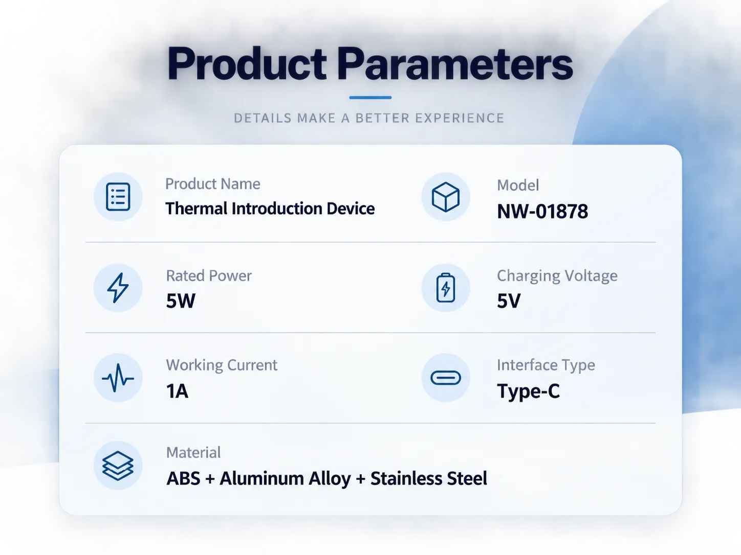 spec sheet of thermal introduction facial beauty device model NW-01878, power, voltage, material and Type-C charging info