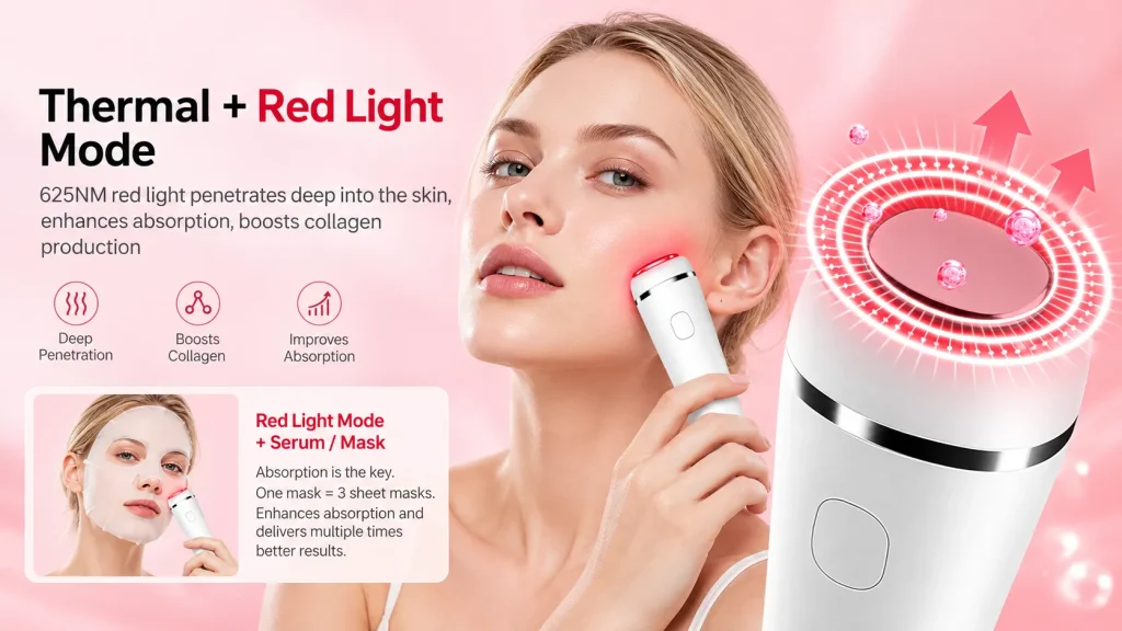 Handheld facial beauty device with thermal and 625nm red light mode, boosts collagen and serum absorption