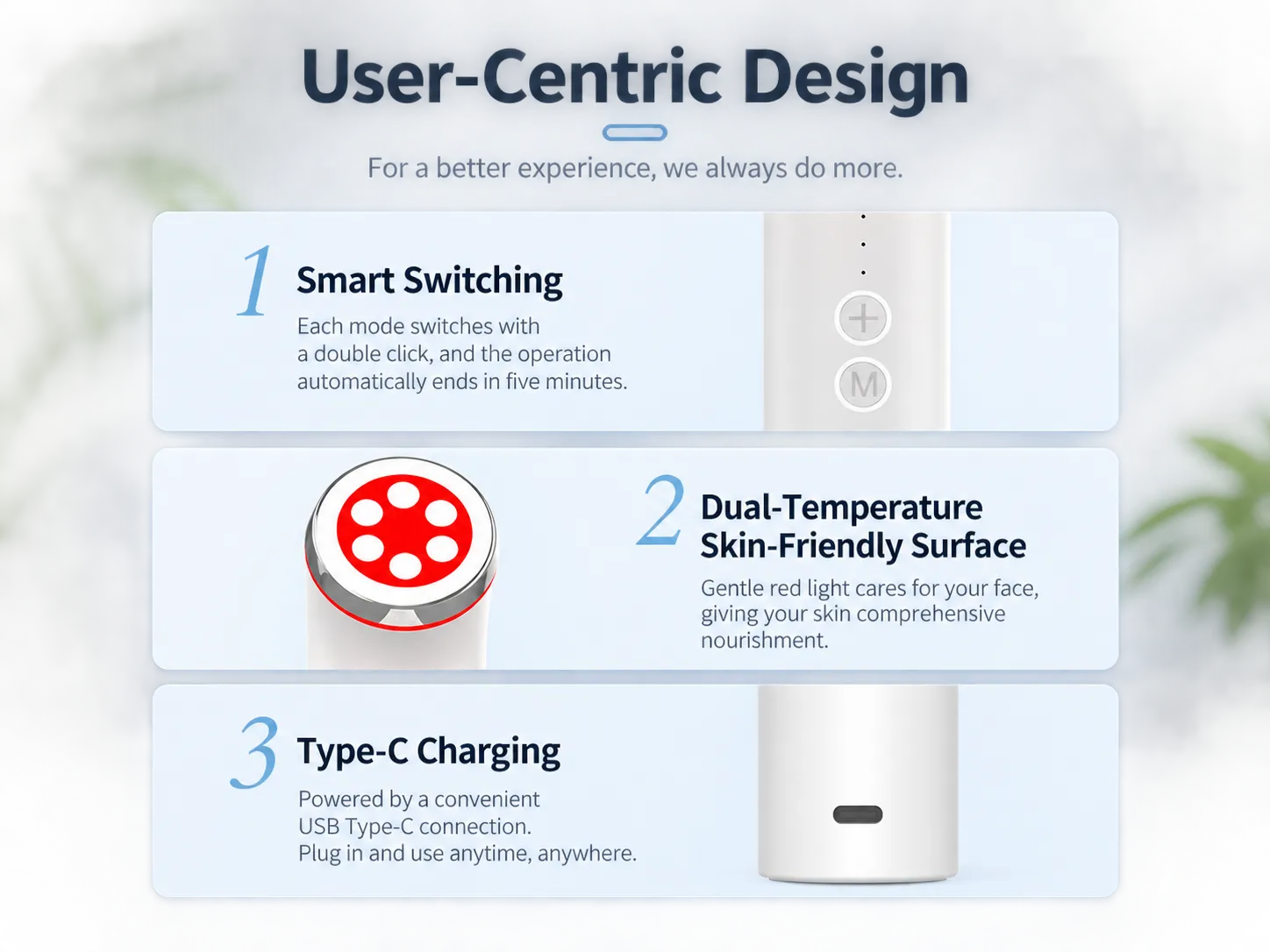 infographic showing user-friendly features of facial massager: smart mode switching, dual-temperature skin-friendly head, Type-C charging, auto shut-off
