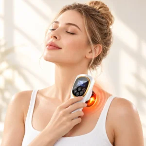 Wireless vacuum scraping massager and cupping device with hot compress, red light therapy, and EMS pulse for body relaxation.