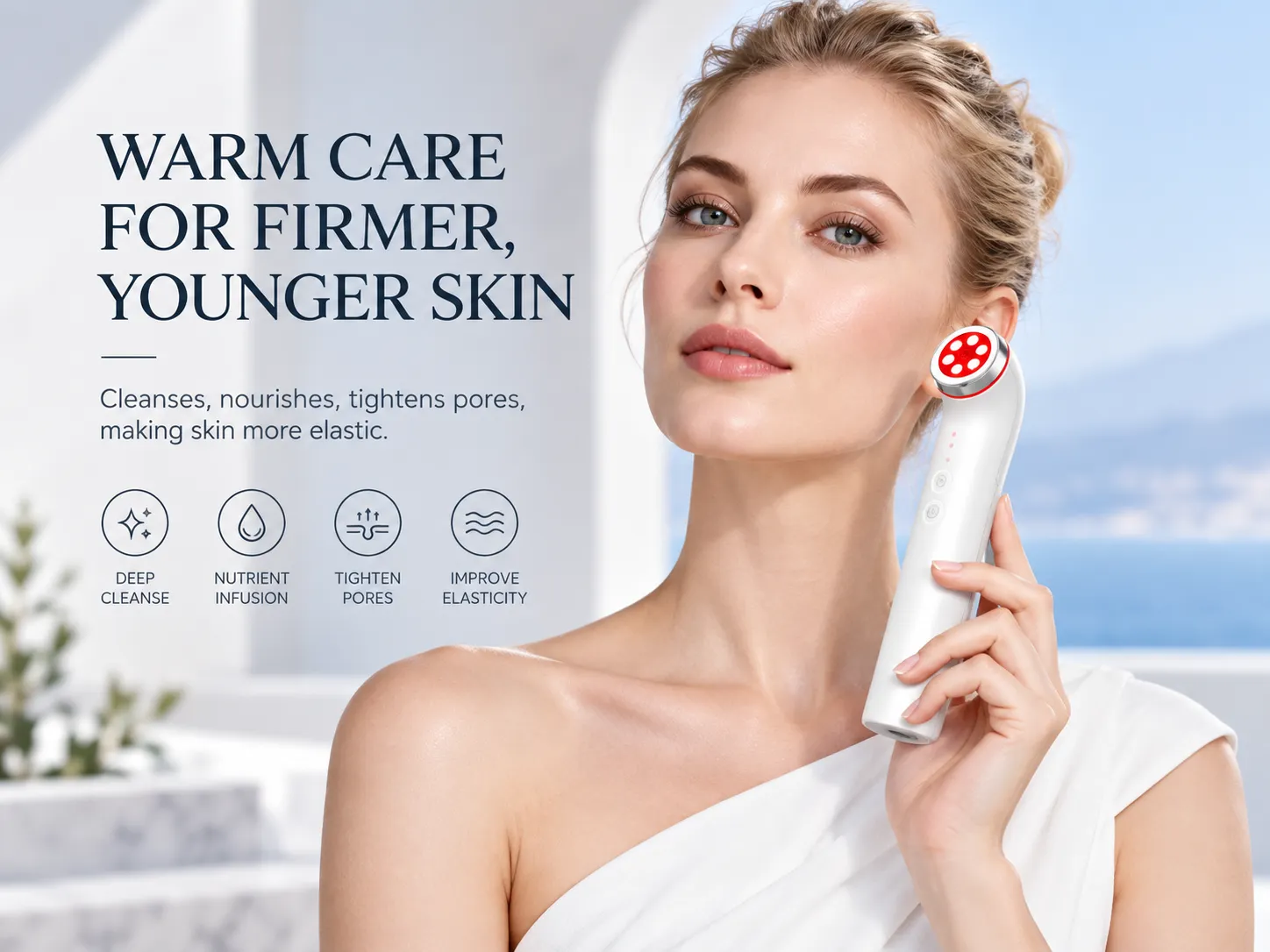 model using white handheld facial skincare massager on cheek, warm therapy for firmer younger skin, functions: deep cleanse, nutrient infusion, tighten pores, improve elasticity