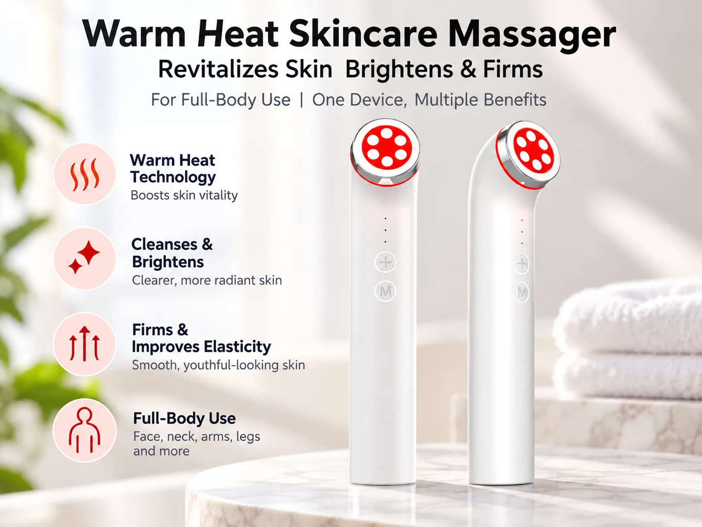 two versions of warm heat skincare massager, straight and curved handle, home beauty device for face and full body skin revitalize, brighten and firm skin