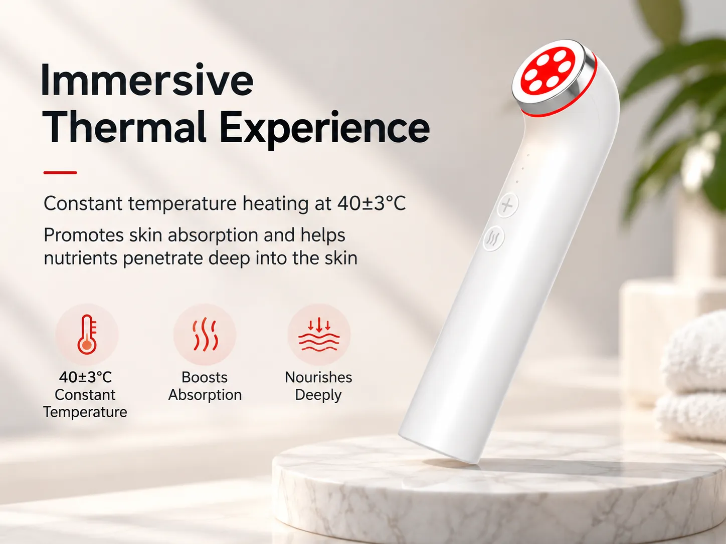 white facial warm heat skincare massager on marble pedestal, 40±3℃ constant temperature heating for boosting skincare nutrient absorption, red LED lights on probe head