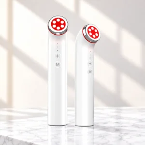 Multi-functional handheld beauty device featuring warm skin therapy, 4-color LED light therapy, deep cleaning, and nutritional import modes on charging base.