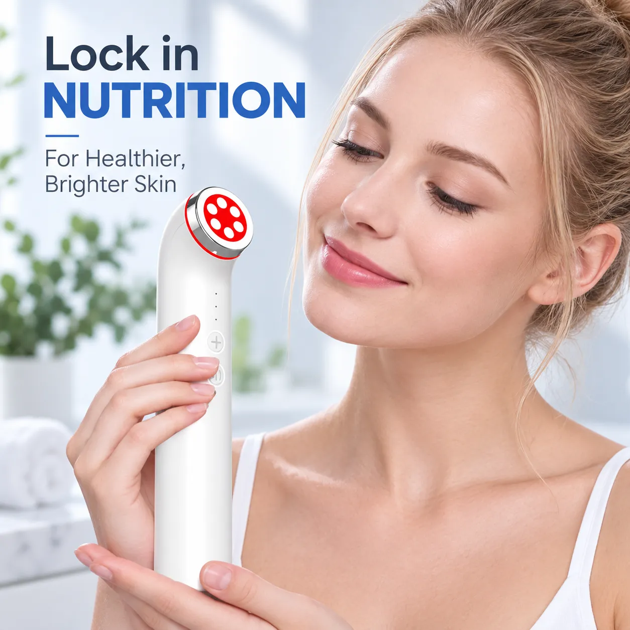 Woman holding Warm Skin Introduction Device to her face