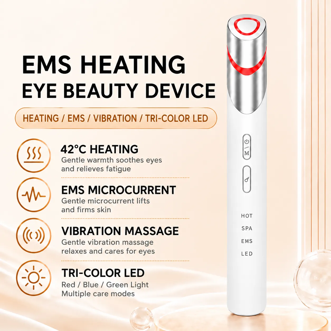 Infographic detailing 42℃ heating, EMS microcurrent, vibration massage, and tri-color LED modes.