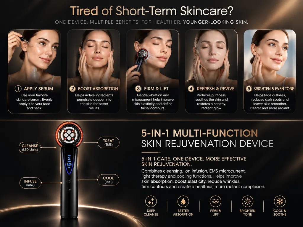 5-in-1 multi-function skin rejuvenation device showing skincare steps and core benefits
