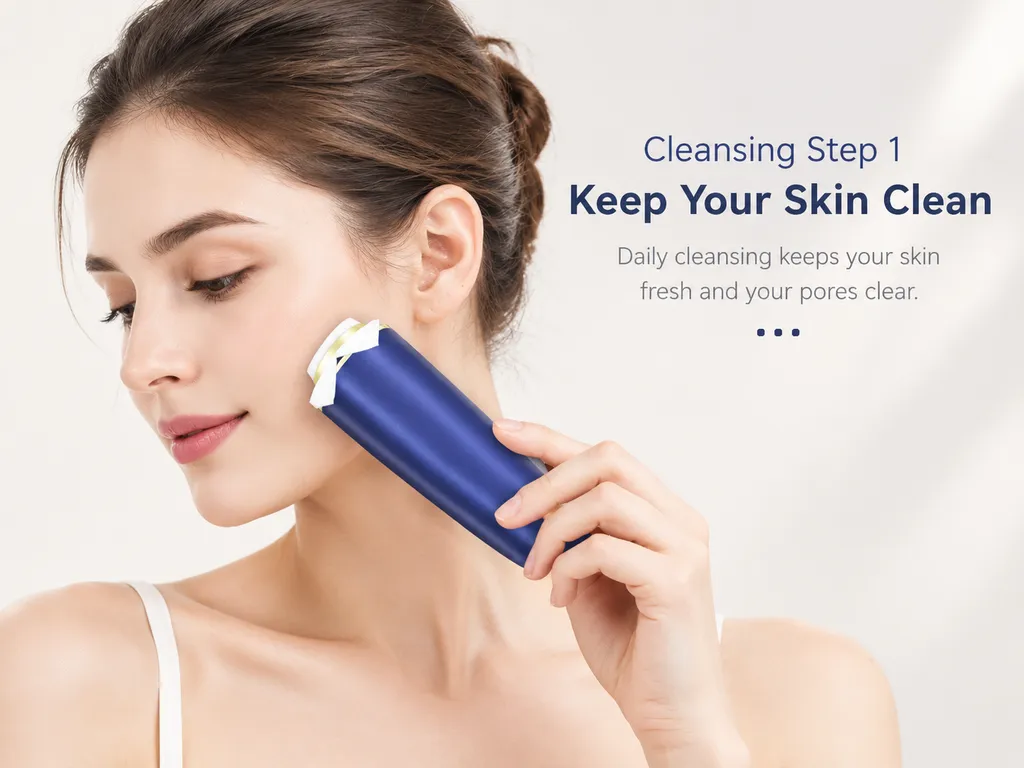 Woman using smart ice skin beauty device with a cotton pad for facial deep cleansing