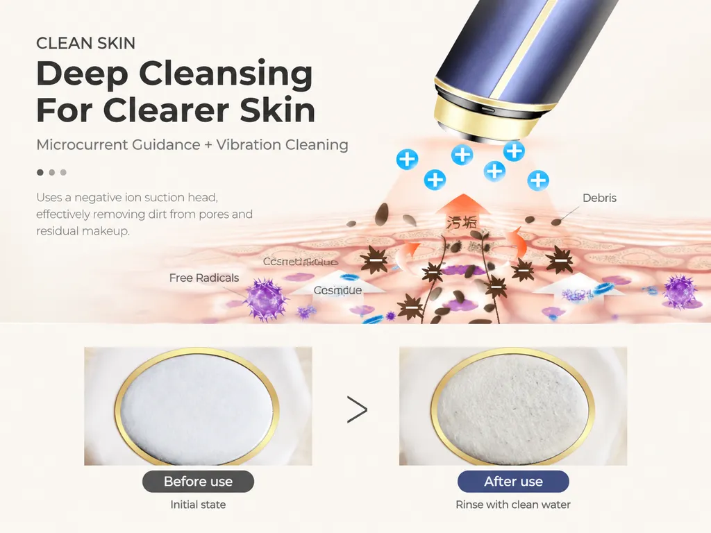 Ion export and vibration deep cleansing principle with cotton pad dirt removal test results